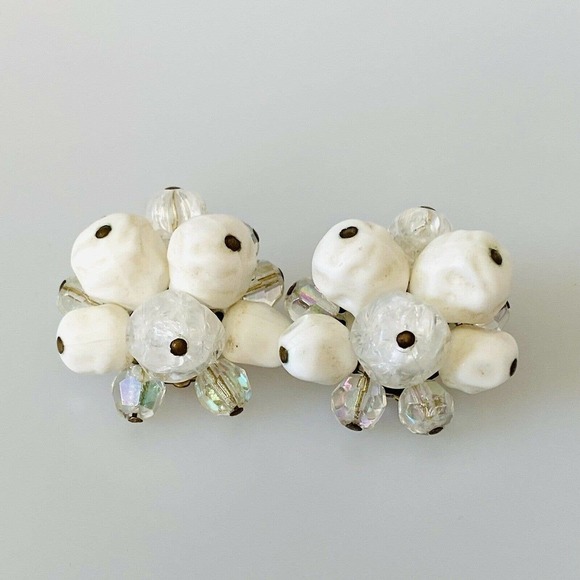 Western Germany Earrings Clip On Earring White Beaded Signed - Picture 1 of 12